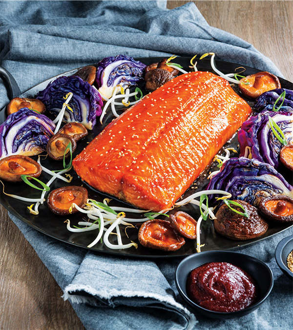Maple-Gochujang Roasted Salmon with Shiitake Mushrooms & Charred Red Cabbage